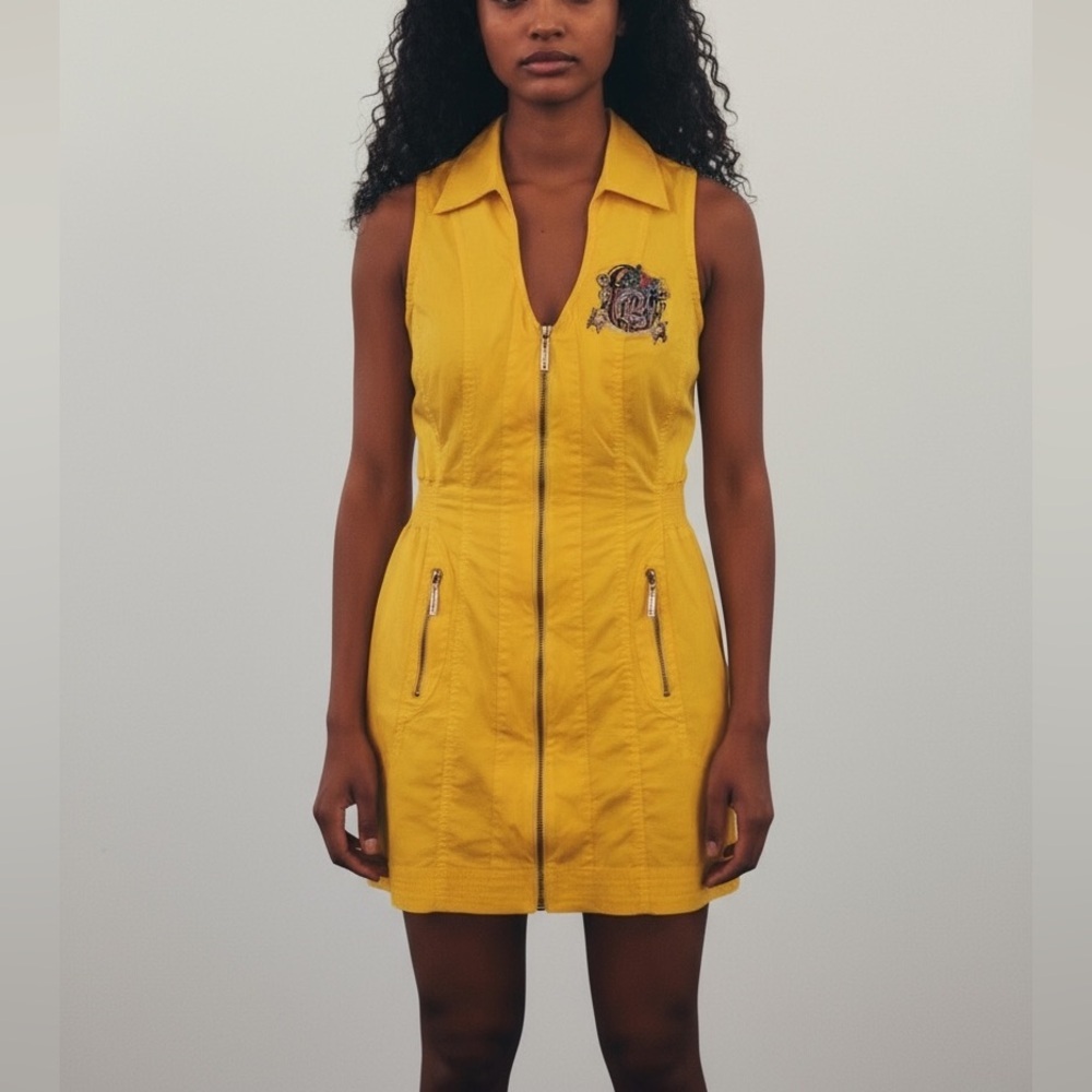 Coogi Yellow Zip Front Sleeveless Collared Mini Dress Logo Crest Streetwear Y2K